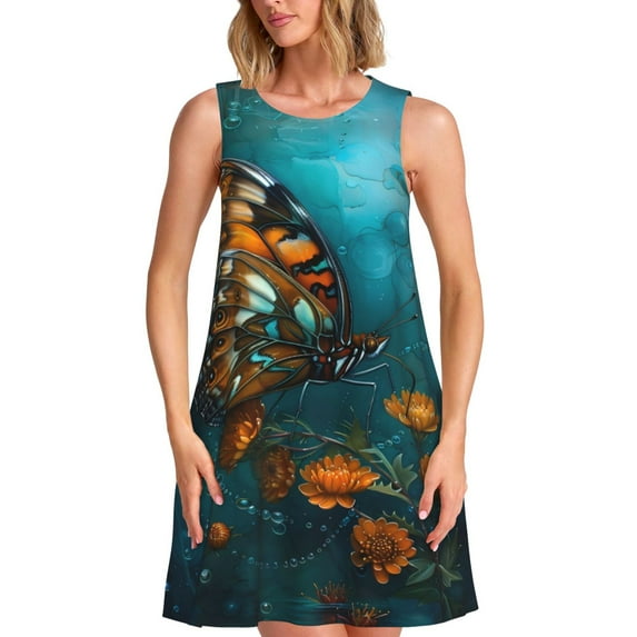 Uemuo Elegant Butterfly And Flowers Pattern Women’s Sleeveless Dress – Casual Summer A-Line Dress, Stylish and Comfortable Sundress for Hot Weather