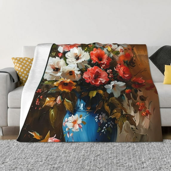 Uemuo Elegant Floral Vase Painting Printed Throw Blanket for Couch, Fluffy Fuzzy Blankets for Bed, Sofa, Cozy Flannel Faux Fur Blanket-80"x60"