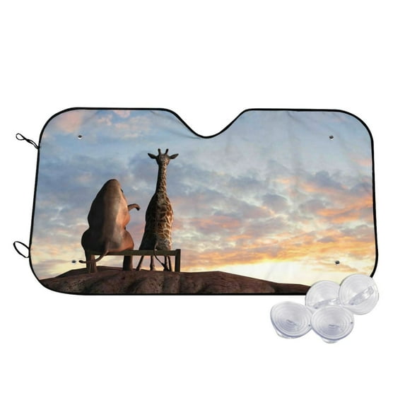 Uemuo Elephant Giraffe Pattern Accordion Car Windshield Sun Shade, Foldable Reflective Sun Visor for Car, Reflector Windshield Sunshade-