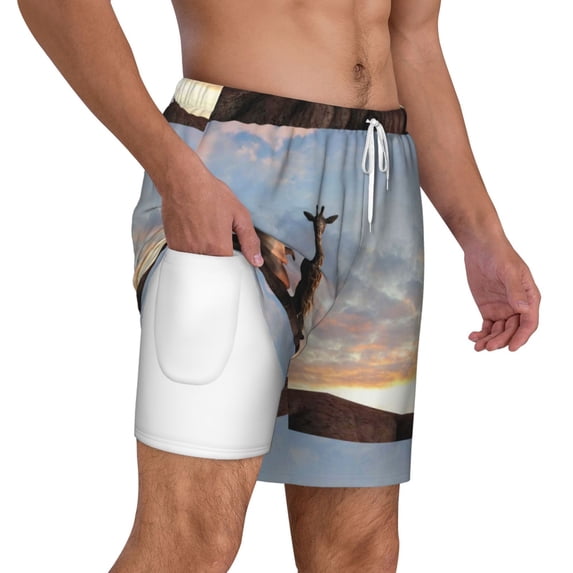 Uemuo Elephant Giraffe Pattern Mens Swim Trunks Quick Dry Board Shorts with Mesh Lining, Stretch Beach Shorts Quick Dry No-Chafing Board Shorts-Small