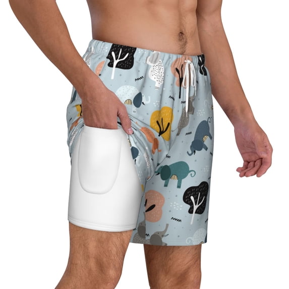 Uemuo Elephant Tree Pattern Mens Swim Trunks Quick Dry Board Shorts with Mesh Lining, Stretch Beach Shorts Quick Dry No-Chafing Board Shorts-Large