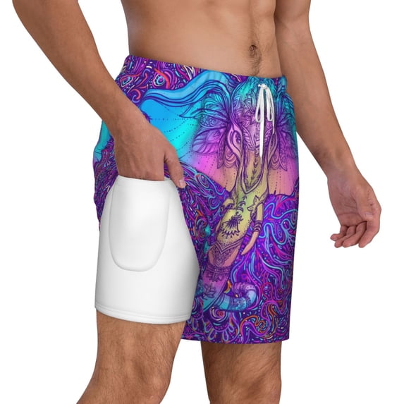 Uemuo Elephant in Tribal Style Pattern Mens Swim Trunks Quick Dry Board Shorts with Mesh Lining, Stretch Beach Shorts Quick Dry No-Chafing Board Shorts-3X-Large