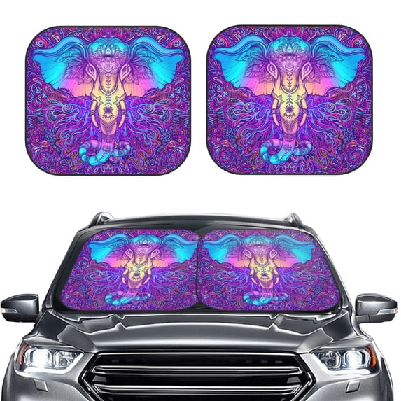 Uemuo Elephant in Tribal Style Printed 2 PCS Car Windshield Sun Shade, Auto Sun Heat and UV Rays Blocker, Foldable Automotive Front Window Sunshade Protector