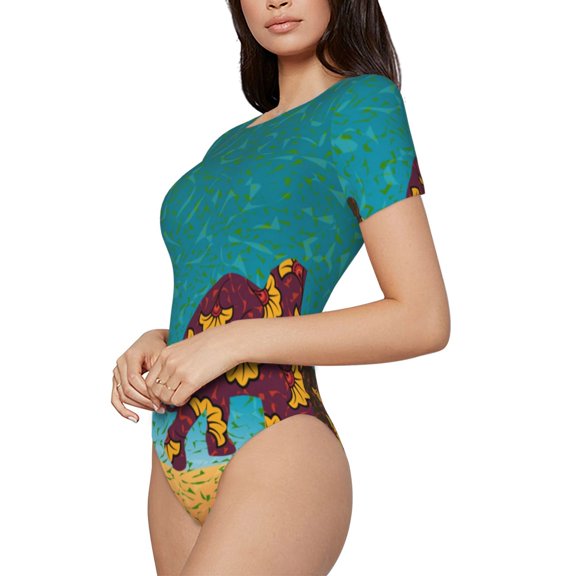 Uemuo Elephants Pattern Women's One Piece Short Sleeve Swimsuit Rash Guard Surfing Modest Quick-drying Swimsuit Beach Essentials-X-Large