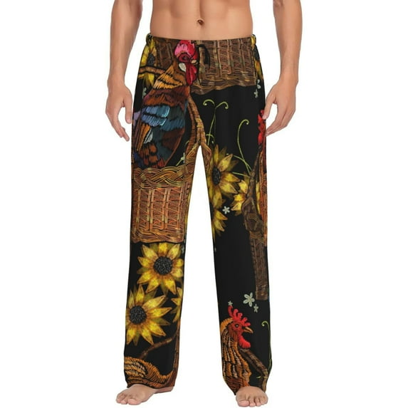 Uemuo Embroidery Chicken Rooster Pattern Men's Wide Leg Palazzo Lounge Pants with Pockets Light Weight Loose Comfy Casual Pajama Pants-Large