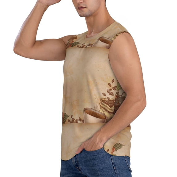 Uemuo Engraved Coffee On Kraft Paper Pattern Men's Sleeveless T-Shirt,Muscle Athletic Tank Top, Moisture-wicking Quick-dry Breathable Classic Tee Top for Gym Run Outdoor Sports-Medium