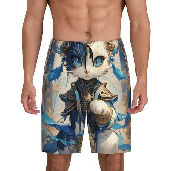 Uemuo Exotic Blue Cat Pattern Men's Short Pajama Pants – Soft & Breathable Lounge Shorts, Elastic Waistband with Pockets, Lightweight Sleepwear for All-Season Comfort-3X-Large