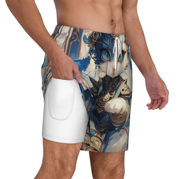 Uemuo Exotic Blue Cat Pattern Mens Swim Trunks Quick Dry Board Shorts with Mesh Lining, Stretch Beach Shorts Quick Dry No-Chafing Board Shorts-3X-Large