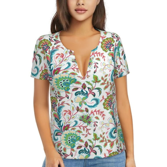 Uemuo Fairy Flower Drawing Women's Deep V-Neck Low Cut Tops - Casual Loose Fit with Stainless Steel Loop, Soft, Breathable, Perfect for Office, Travel, and Daily Wear-Medium