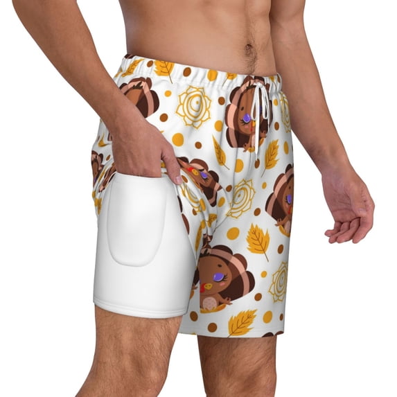 Uemuo Fall Turkey Pattern Mens Swim Trunks Quick Dry Board Shorts with Mesh Lining, Stretch Beach Shorts Quick Dry No-Chafing Board Shorts-Medium