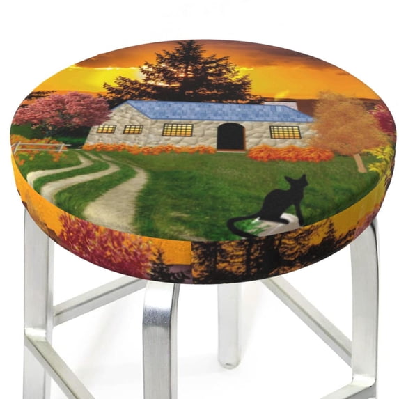 Uemuo Fall Village Scenery Pattern Round Bar Stool Seat Covers Washable Stool Cushion Slipcover Elastic Bar Chair Covers-14 inch