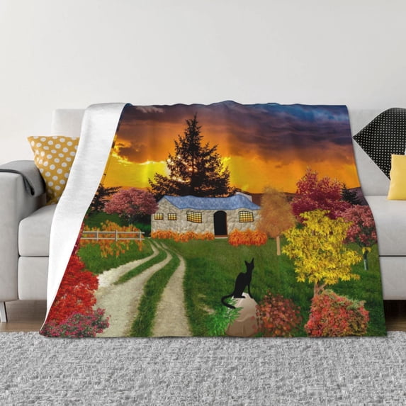 Uemuo Fall Village Scenery Printed Throw Blanket for Couch, Fluffy Fuzzy Blankets for Bed, Sofa, Cozy Flannel Faux Fur Blanket-80"x60"