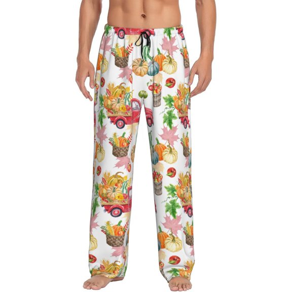 Uemuo Fall harvest truck pumpkin Pattern Men's Wide Leg Palazzo Lounge Pants with Pockets Light Weight Loose Comfy Casual Pajama Pants-Large