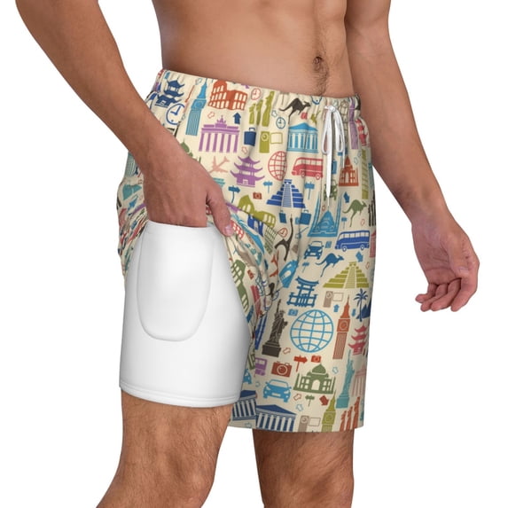 Uemuo Famous Places Pattern Mens Swim Trunks Quick Dry Board Shorts with Mesh Lining, Stretch Beach Shorts Quick Dry No-Chafing Board Shorts-XX-Large