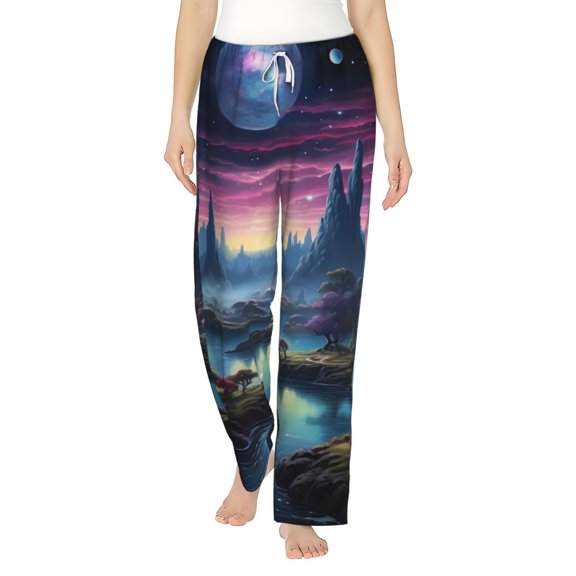 Uemuo Fantasy Landscape Starry Night Pattern Women's Wide Leg Palazzo Lounge Pants with Pockets Light Weight Loose Comfy Casual Pajama Pants-XX-Large