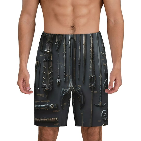 Uemuo Fantasy Medieval Weaponry Pattern Men's Short Pajama Pants – Soft & Breathable Lounge Shorts, Elastic Waistband with Pockets, Lightweight Sleepwear for All-Season Comfort-3X-Large