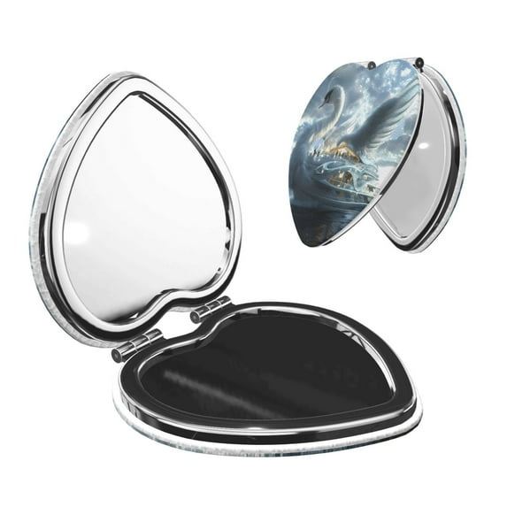 Uemuo Fantasy Swan Yacht Design Print Compact Portable Pocket Makeup Mirror - Leather Cover, Elegant Travel Cosmetic Mirror for Purse, Pocket, and Handbag-Heart Shape