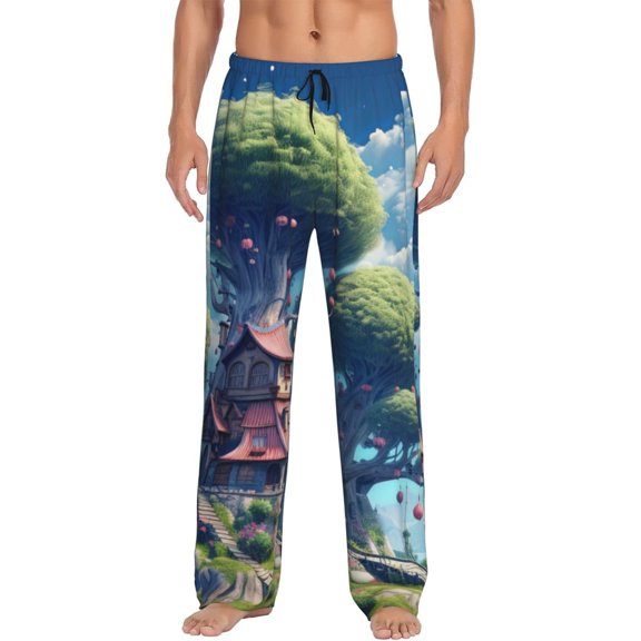 Uemuo Fantasy Treehouse Planet Scene Pattern Men's Wide Leg Palazzo Lounge Pants with Pockets Light Weight Loose Comfy Casual Pajama Pants-Medium