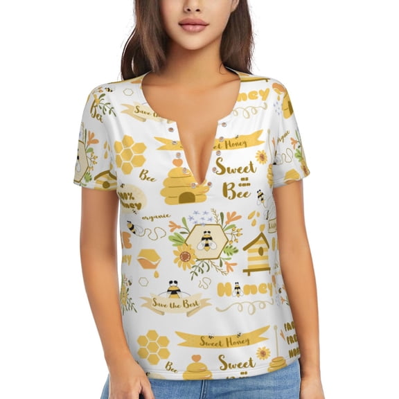 Uemuo Farm Bee Cute Honey Drawing Women's Deep V-Neck Low Cut Tops - Casual Loose Fit with Stainless Steel Loop, Soft, Breathable, Perfect for Office, Travel, and Daily Wear-Small