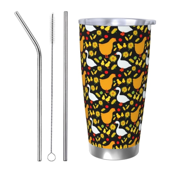Uemuo Farm Goose Print Travel Coffee Mug ,20oz Double-walled Car Cup ,Stainless Steel Insulated Tumbler Leak-proof Travel Cup Reusable Straw Car Cup-Straw Three-piece Set