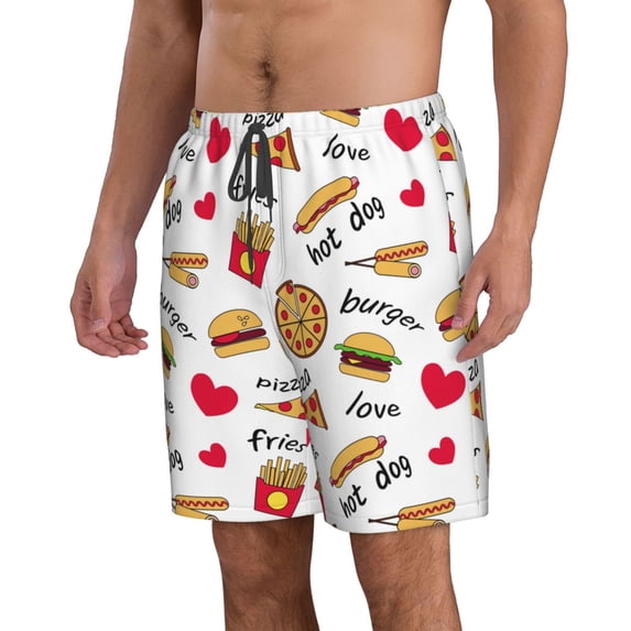 Uemuo Fast Food Pattern Men's Swim Trunks Hawaiian Beach Bathing Suit Swimsuits Beach Quick-Dry Shorts with Pockets-