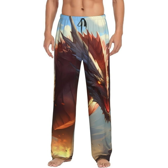 Uemuo Ferocious Dragon Fury Pattern Men's Wide Leg Palazzo Lounge Pants with Pockets Light Weight Loose Comfy Casual Pajama Pants-Large