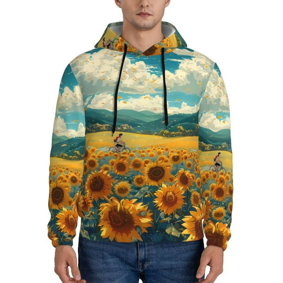 Uemuo Field Style Bicycle Young Sunflower Pattern Men's Hoodie - Casual Pullover Hoodie with Kangaroo Pocket, Stylish Hooded Sweatshirt for Everyday Wear-Medium