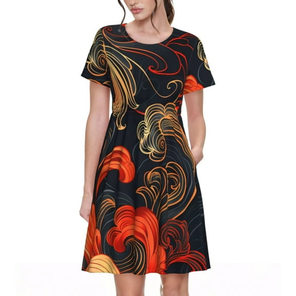 Uemuo Fiery Floral Pattern Print Womens Summer Dress Casual Swing Short Sleeve Sundresses Beach A-line Shift Dress