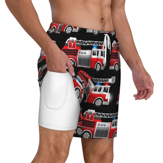 Uemuo Fire and Rescue Truck Pattern Mens Swim Trunks Quick Dry Board Shorts with Mesh Lining, Stretch Beach Shorts Quick Dry No-Chafing Board Shorts-Large