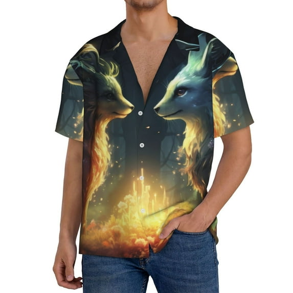 Uemuo Firefly Forest Fox Pattern Cotton Linen Short Sleeve Shirts,Casual Lightweight Button Down Shirts,Vacation Beach Summer Tops-Small