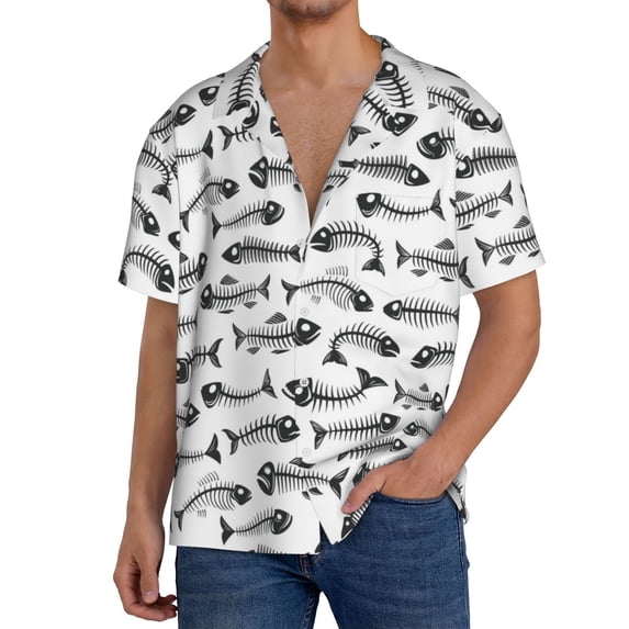 Uemuo Fish Bones Pattern Cotton Linen Short Sleeve Shirts,Casual Lightweight Button Down Shirts,Vacation Beach Summer Tops-3X-Large