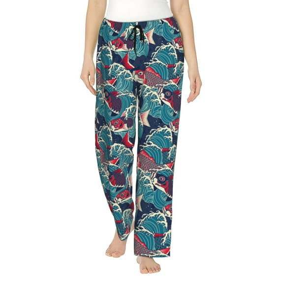 Uemuo Fish In The Wave Pattern Women's Wide Leg Palazzo Lounge Pants with Pockets Light Weight Loose Comfy Casual Pajama Pants-Medium