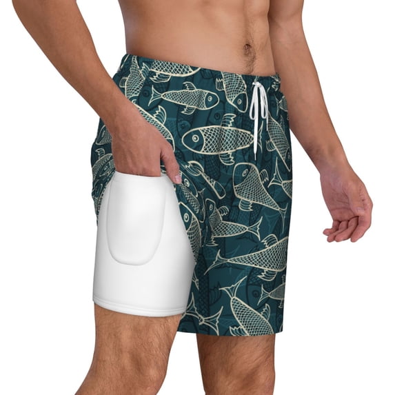 Uemuo Fish Style Pattern Mens Swim Trunks Quick Dry Board Shorts with Mesh Lining, Stretch Beach Shorts Quick Dry No-Chafing Board Shorts-XX-Large