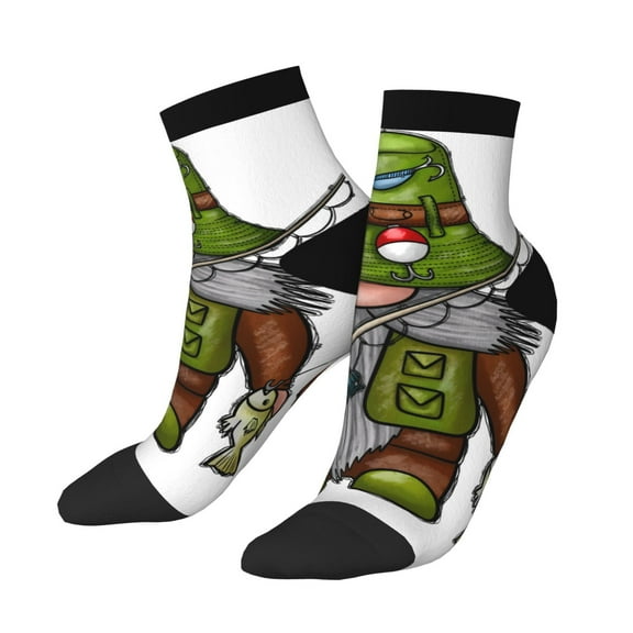 Uemuo Fishing Gnome Printed Crew Socks, Moisture-Wicking Socks, Athletic Socks for Men Breathable Cushion Socks Casual Sport Socks for Running Traveling