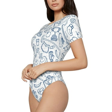 Uemuo Fitness Guru Pattern Women's One Piece Short Sleeve Swimsuit Rash Guard Surfing Modest Quick-drying Swimsuit Beach Essentials-Small
