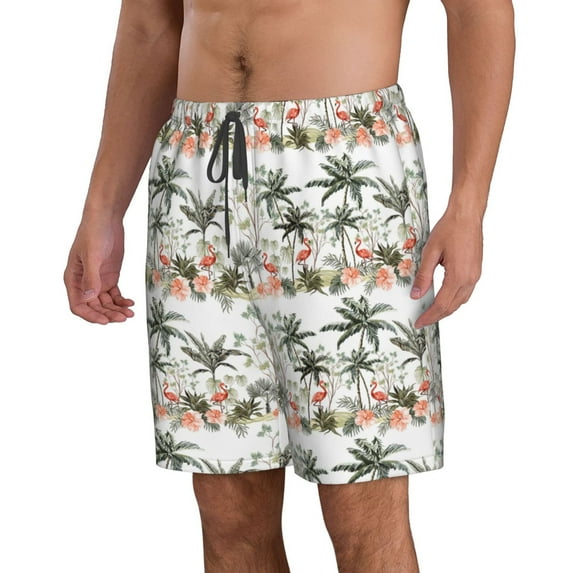 Uemuo Flamingo Palm Trees Pattern Men's Swim Trunks Hawaiian Beach Bathing Suit Swimsuits Beach Quick-Dry Shorts with Pockets-XX-Large