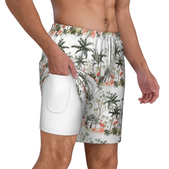 Uemuo Flamingo Palm Trees Pattern Mens Swim Trunks Quick Dry Board Shorts with Mesh Lining, Stretch Beach Shorts Quick Dry No-Chafing Board Shorts-XX-Large