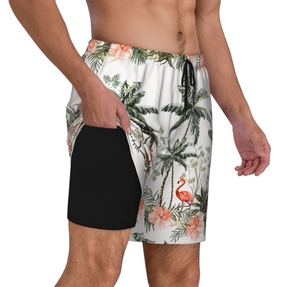 Uemuo Flamingo Palm Trees Pattern Mens Swim Trunks Quick Dry Board Shorts with Mesh Lining, Stretch Beach Shorts Quick Dry No-Chafing Board Shorts-
