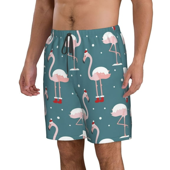 Uemuo Flamingo Pattern Men's Swim Trunks Hawaiian Beach Bathing Suit Swimsuits Beach Quick-Dry Shorts with Pockets-X-Large