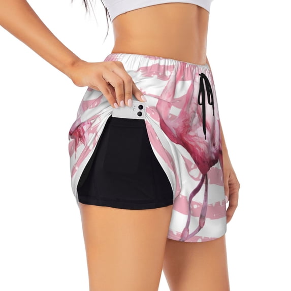 Uemuo Flamingo Pattern Women's Athletic Shorts High Waisted Running Shorts with Liner Pockets Gym Elastic Workout Shorts-Medium