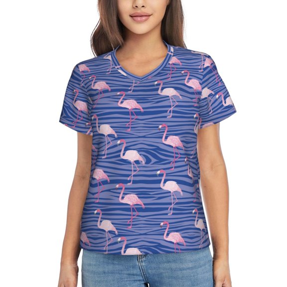 Uemuo Flamingo Printed Women's Classic V-Neck T-Shirt - Soft, Breathable, Moisture-Wicking, Perfect for Casual, Office, Travel, and Everyday Wear-Medium