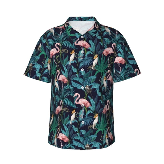 Uemuo Flamingos And Birds Printed Regular Fit Short Sleeve Casual Hawaiian Shirt for Men,Aloha shirt,Tropical shirt,Floral print shirt,Vacation Beach shirt-Large