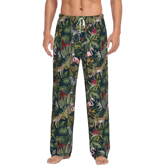 Uemuo Flamingos And Palm Leaves Pattern Men's Wide Leg Palazzo Lounge Pants with Pockets Light Weight Loose Comfy Casual Pajama Pants-Small