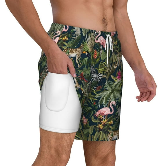 Uemuo Flamingos And Palm Leaves Pattern Mens Swim Trunks Quick Dry Board Shorts with Mesh Lining, Stretch Beach Shorts Quick Dry No-Chafing Board Shorts-Large