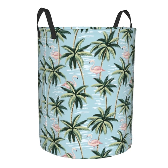 Uemuo Flamingos And Palms Pattern Circular Laundry Hamper Basket with handles,Collapsible laundry basket,Large capacity laundry hamper,Laundry Organizer-Medium