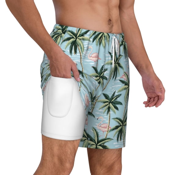 Uemuo Flamingos And Palms Pattern Mens Swim Trunks Quick Dry Board Shorts with Mesh Lining, Stretch Beach Shorts Quick Dry No-Chafing Board Shorts-3X-Large