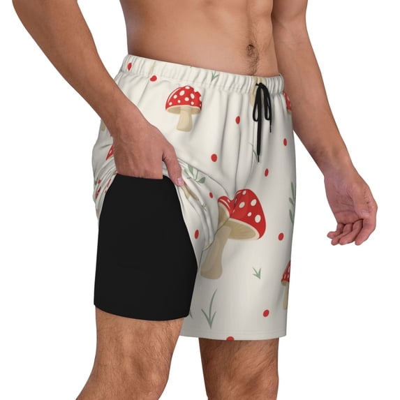 Uemuo Flat Mushrooms Pattern Mens Swim Trunks Quick Dry Board Shorts with Mesh Lining, Stretch Beach Shorts Quick Dry No-Chafing Board Shorts-Large
