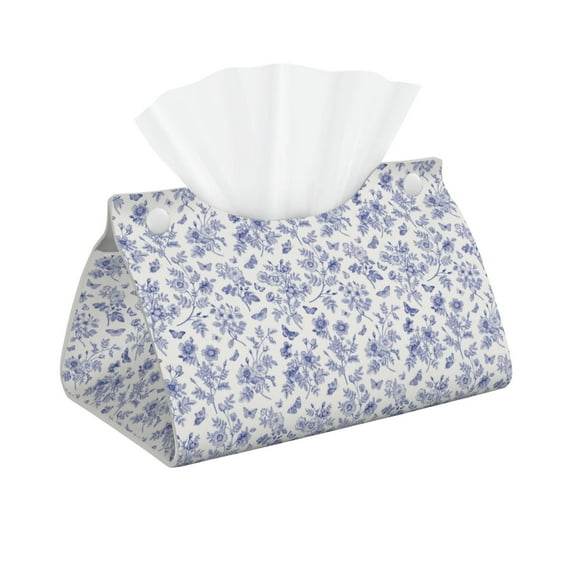 Uemuo Floral Butterfly Pattern Tissue Box Cover Holder, Triangle with Bottom Belt - PVC Leather Decorative Organizer for Tabletop, Bathroom, Car, Office