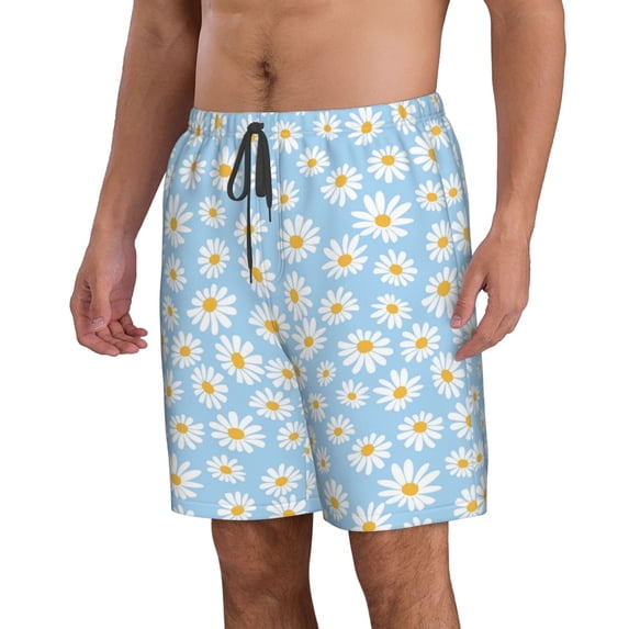 Uemuo Floral Daisy Pattern Men's Swim Trunks Hawaiian Beach Bathing Suit Swimsuits Beach Quick-Dry Shorts with Pockets-X-Large