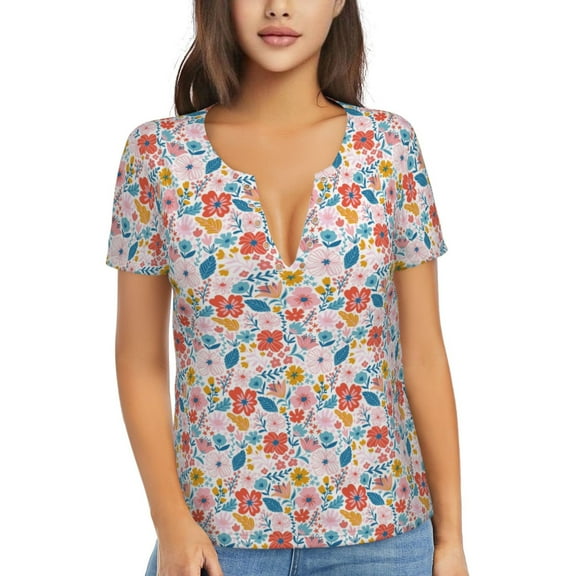 Uemuo Floral Ditsy Drawing Women's Deep V-Neck Low Cut Tops - Casual Loose Fit with Stainless Steel Loop, Soft, Breathable, Perfect for Office, Travel, and Daily Wear-Medium